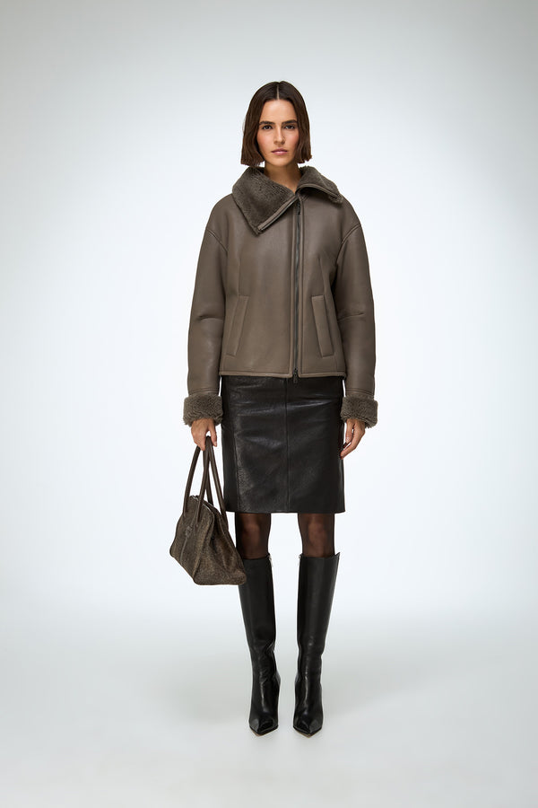 Pia - Stone Shearling Jacket