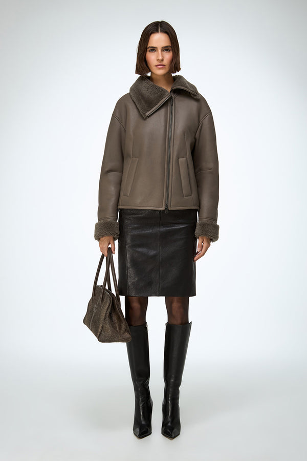 Pia - Stone Shearling Jacket