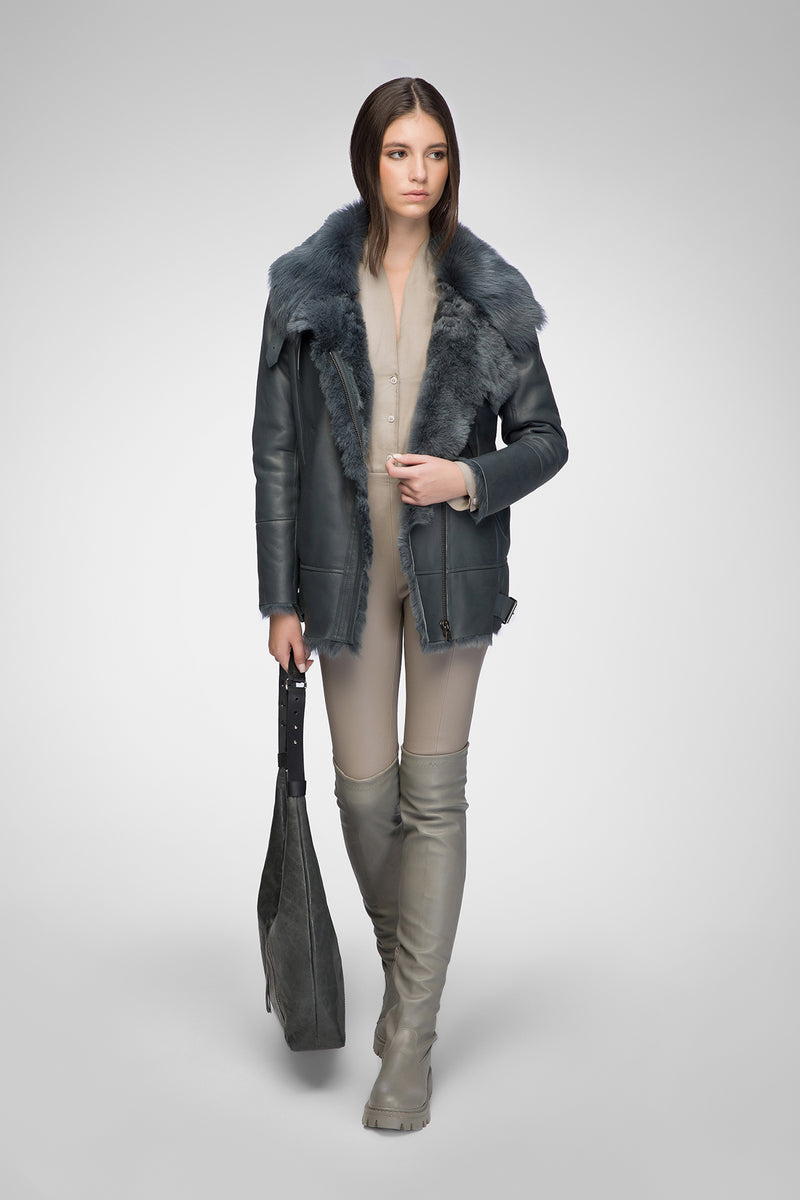 Paige - Jacke aus Shearling in dunklem Indigo