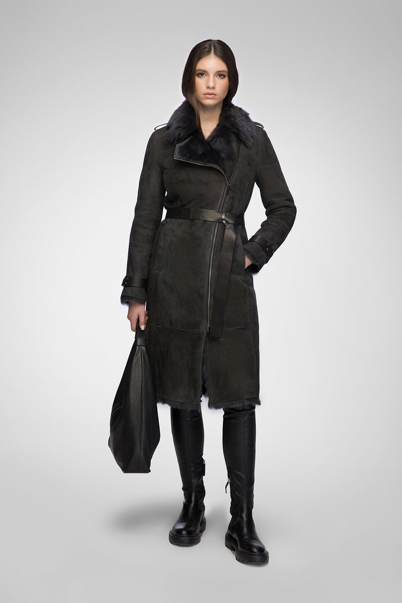 Harmony - Anthracite Suede Shearling Coat